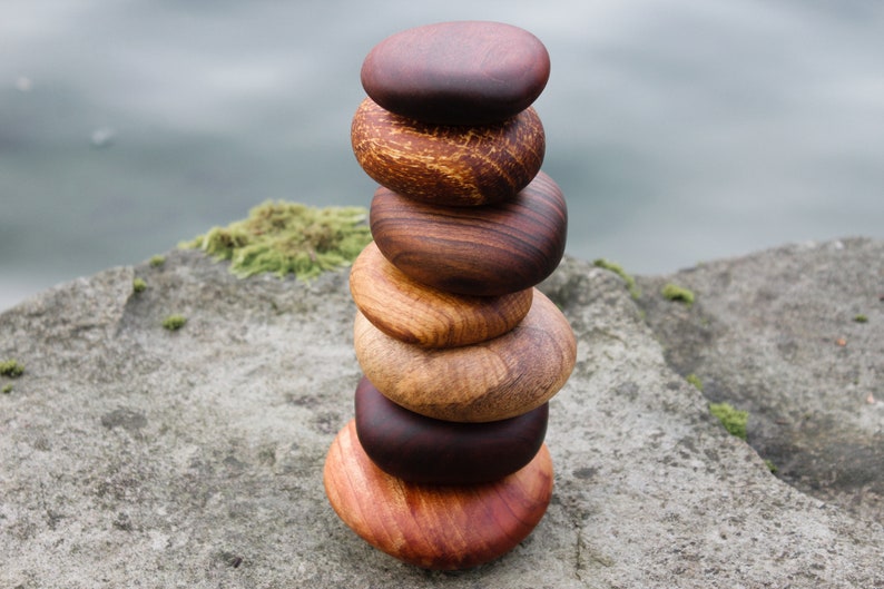 Assorted Stack of 7 Wood Rocks. Cairn stone stack, Rock sculpture, Anniversary gift, Birthday present, Interior decor, Beautiful Wood Rocks image 3
