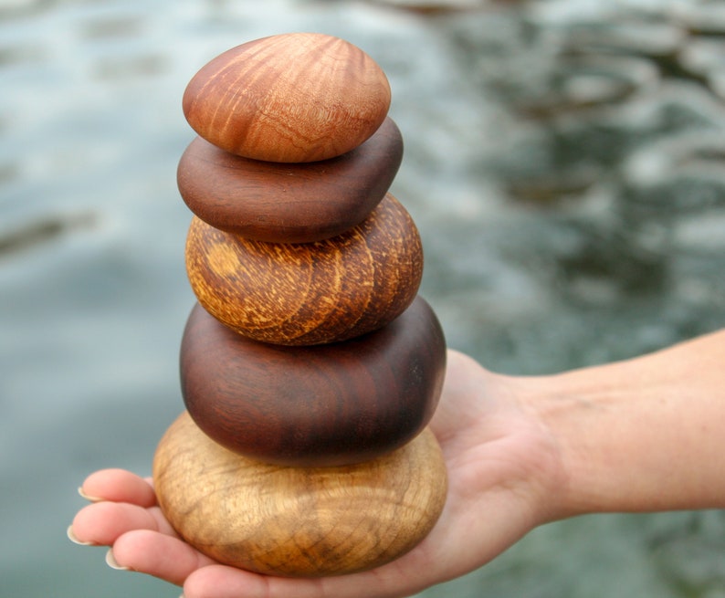 Assorted Stack of 5 Wood Rocks. Cairn stone stack, Rock sculpture, Anniversary gift, Birthday present, Interior decor, Beautiful Wood Rocks image 2