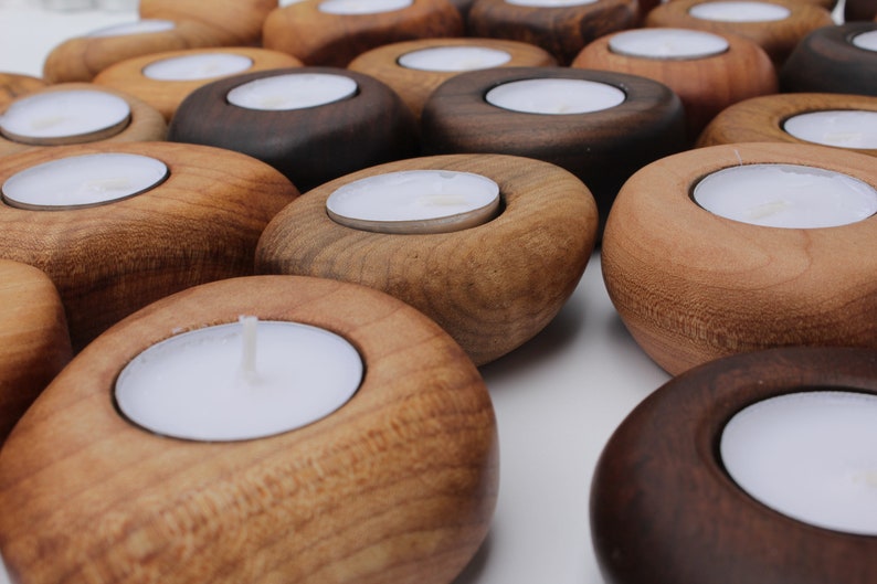 3 Pcs. Tea Light Wood Rock Candle Holders. Set of 3 Assorted woods image 3