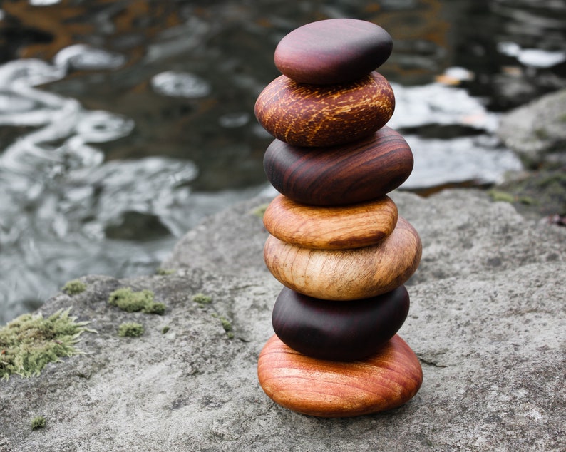 Assorted Stack of 7 Wood Rocks. Cairn stone stack, Rock sculpture, Anniversary gift, Birthday present, Interior decor, Beautiful Wood Rocks image 4