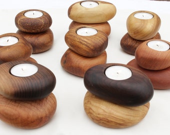 Tea Light Wood Rocks Candle Holders. This is for ONE DOUBLE STACKED set. Include your color tone or wood preference in a "note to seller."