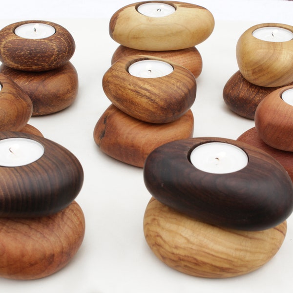 Tea Light Wood Rocks Candle Holders. This is for ONE DOUBLE STACKED set. Include your color tone or wood preference in a "note to seller."