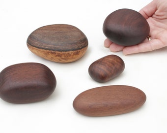 Set of 5 Walnut Wood Rocks! Wooden cairn style rock stack. Zen home decor. Open ended play objects. Decorative wood pebbles and stones.