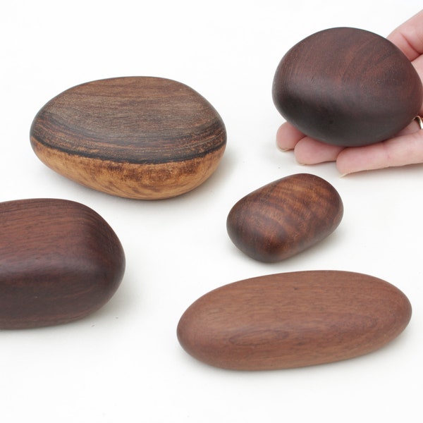 Set of 5 Walnut Wood Rocks! Wooden cairn style rock stack. Zen home decor. Open ended play objects. Decorative wood pebbles and stones.