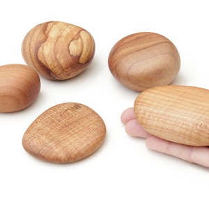 Set of 5 Maple Wood Rocks. Wooden cairn style rock stack. Zen home decor. Open ended play objects. Decorative wood pebbles and stones.