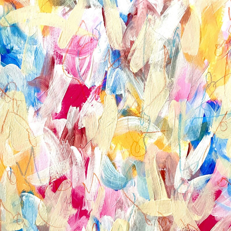 May include: Abstract painting with a colorful, layered, and textured style. The painting features a variety of colors, including yellow, orange, pink, red, blue, and white. The paint is applied in thick strokes, creating a sense of depth and movement.