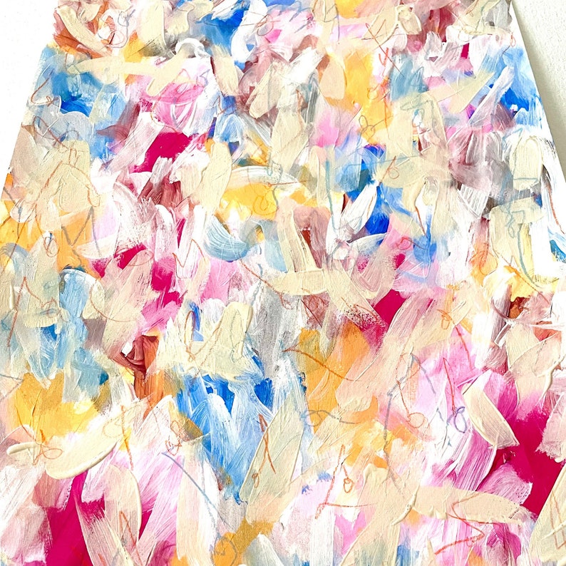 May include: Abstract painting with a colorful, layered, and textured style. The painting features a mix of pink, blue, yellow, and white paint.