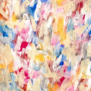 May include: Abstract painting with a colorful, layered, and textured style. The painting features a variety of colors, including pink, blue, yellow, and white. The paint is applied in thick strokes, creating a sense of depth and movement.