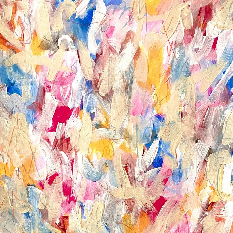 May include: Abstract painting with a colorful, layered, and textured style. The painting features a variety of colors, including pink, blue, yellow, and white. The paint is applied in thick strokes, creating a sense of depth and movement.