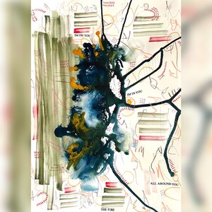 May include: Abstract painting with a blue, green, and yellow colour scheme. The painting features a variety of lines and shapes, including circles, squares, and rectangles. The text "IM ON YOU", "IM IN YOU", "ALL AROUND YOU", and "THE FIRE" is written in black ink on the painting.