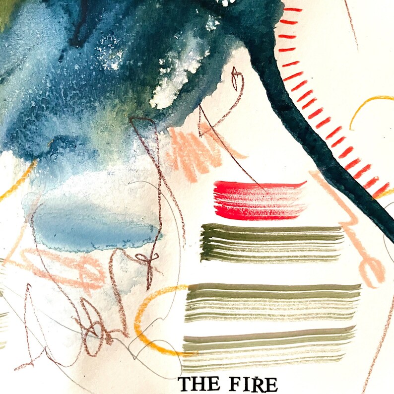 May include: An abstract watercolour painting with a blue, green and red colour scheme. The painting features a variety of brushstrokes and lines, creating a dynamic and energetic composition. The text "THE FIRE" is written in black at the bottom of the painting.