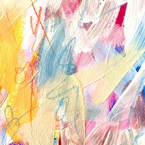 May include: Abstract painting with a mix of pink, yellow, blue, and white paint. The paint is applied in thick strokes and layers, creating a textured surface.