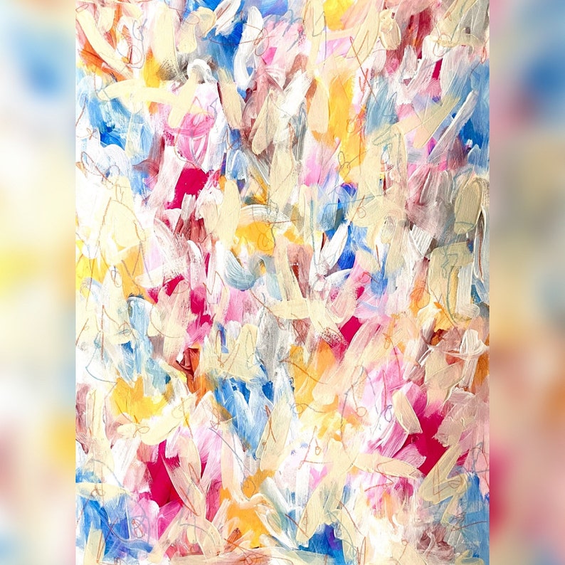 May include: Abstract painting with a colorful, layered, and textured style. The painting features a mix of pink, red, yellow, blue, and white paint strokes.