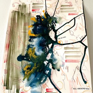 May include: Abstract art painting with blue, green, and yellow watercolour washes. The painting has black lines and red and brown accents. The text "IM ON YOU", "IM IN YOU", and "ALL AROUND YOU" is written on the painting.