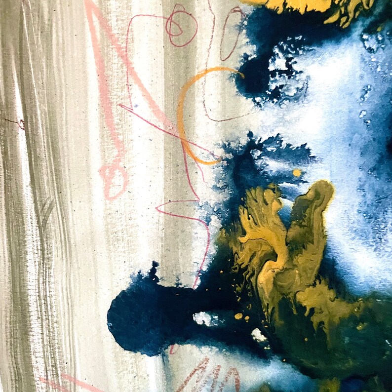 May include: Abstract painting with blue, gold, and white paint splatters on a beige background. There are also red lines and circles in the background.