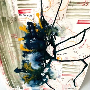 May include: Abstract painting with black, blue, and yellow paint splatters. The painting has the words "I'm on you", "I'm in you", and "All around you" written on it.