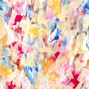 May include: Abstract painting with a mix of pink, red, yellow, blue, and white paint strokes. The painting has a textured, layered look.