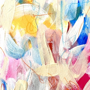 May include: Abstract painting with a mix of colors including white, yellow, pink, blue, and orange. The paint is applied in thick strokes, creating a textured effect.