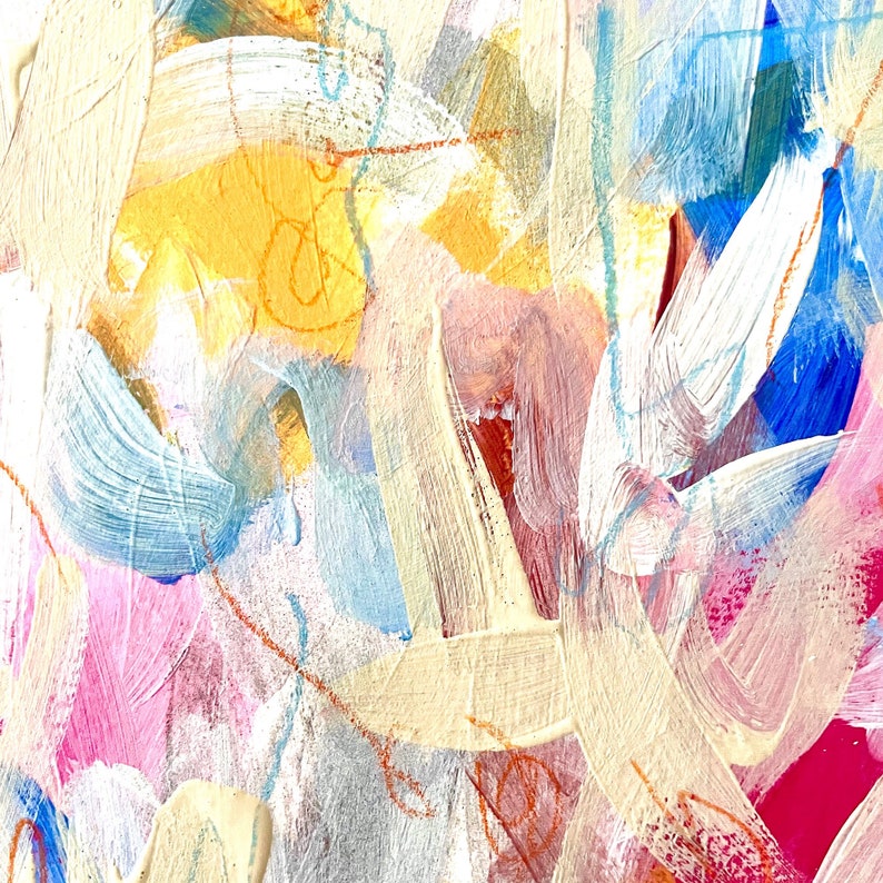 May include: Abstract painting with a mix of colors including white, yellow, pink, blue, and orange. The paint is applied in thick strokes, creating a textured effect.