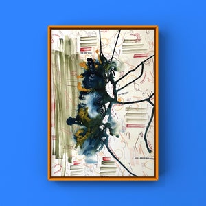 May include: Abstract painting with a blue, green, and gold colour scheme. The painting features a variety of lines and shapes, including circles, squares, and triangles. The text "I'm on you", "I'm in you", and "All around you" is written on the painting.