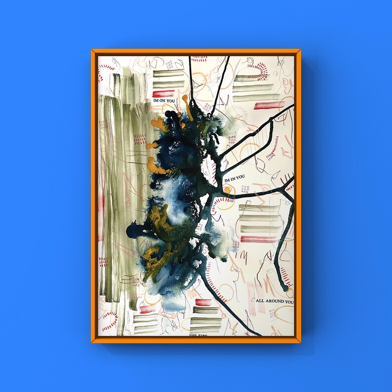 May include: Abstract painting with a blue, green, and gold colour scheme. The painting features a variety of lines and shapes, including circles, squares, and triangles. The text "I'm on you", "I'm in you", and "All around you" is written on the painting.