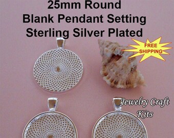 Sterling Silver Plated Two Sided 25mm 1 inch 25M2SIDED Bezel Blank Tray with Loop Size: 4x6mm 20 Round Pendant Trays