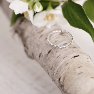 May include: A silver twisted ring on a piece of birch bark with white jasmine flowers.