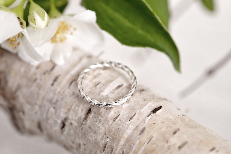 May include: A silver twisted band ring on a white birch log background.