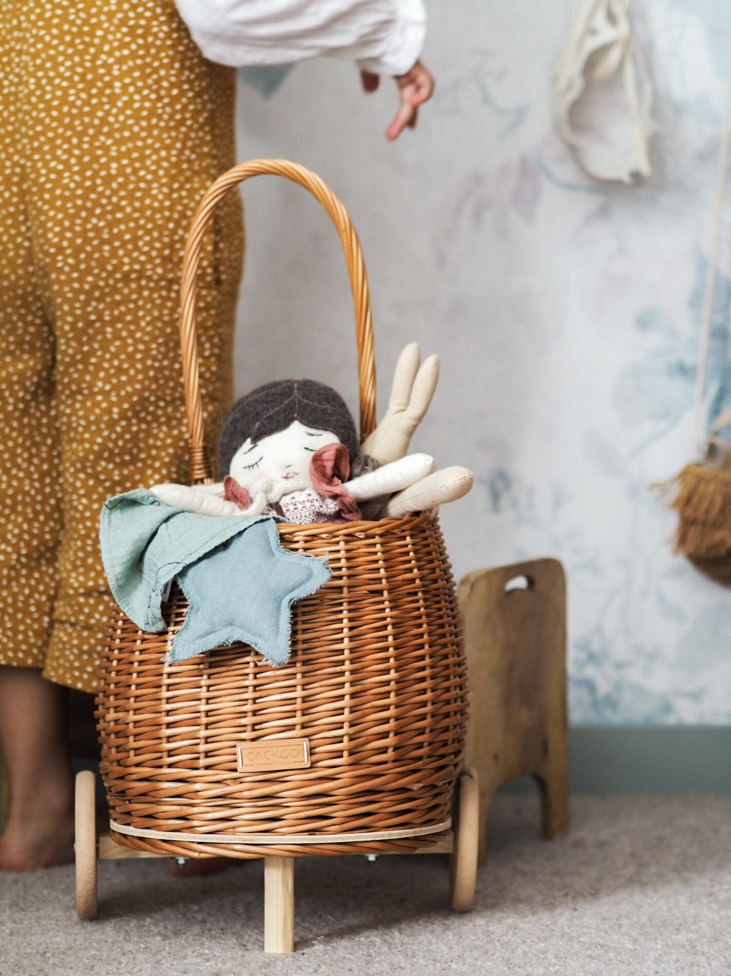 Wicker kids Easter basket on wheels shopping trolley small Etsy