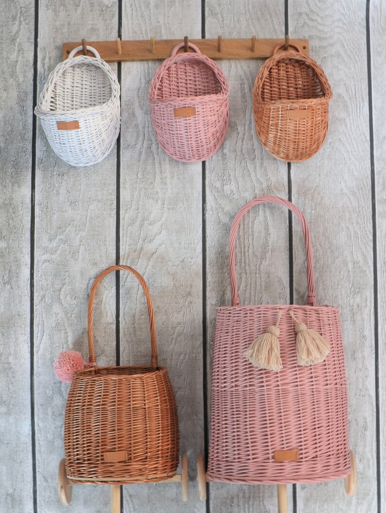 Wicker kids Easter basket on wheels shopping trolley small Etsy