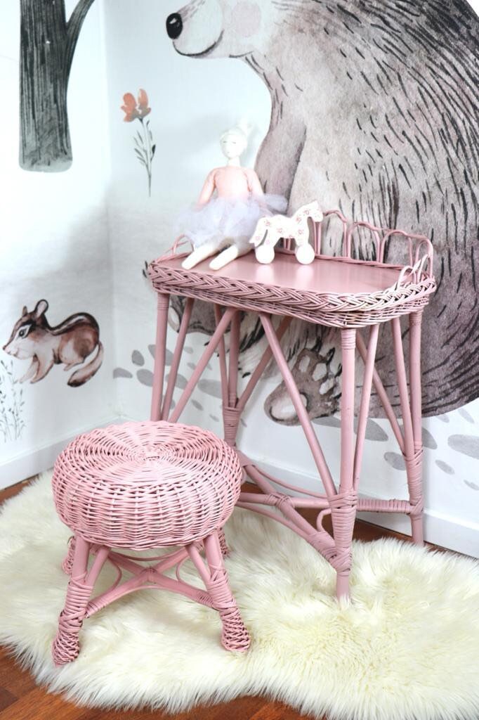 Pink Vanity Table With Stool for Kids Natural Wicker Handmade Etsy
