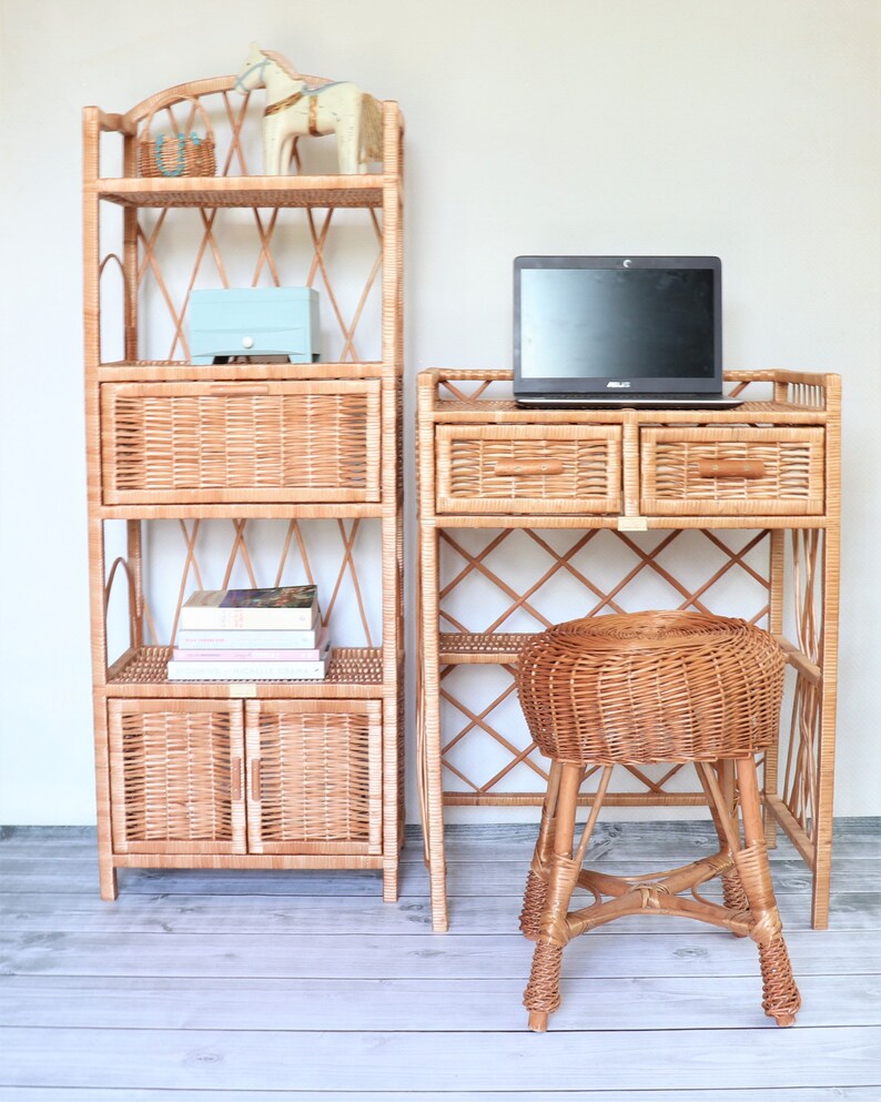Wicker Bookcase Rattan Shelf With Shelves and Etsy