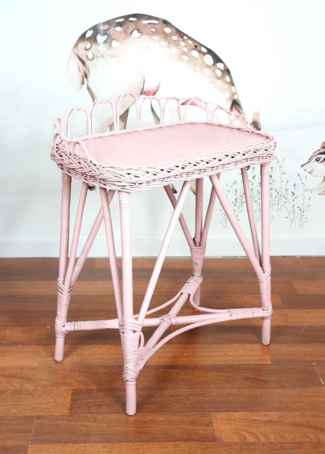 Pink Vanity Table With Stool for Kids Natural Wicker Handmade Etsy