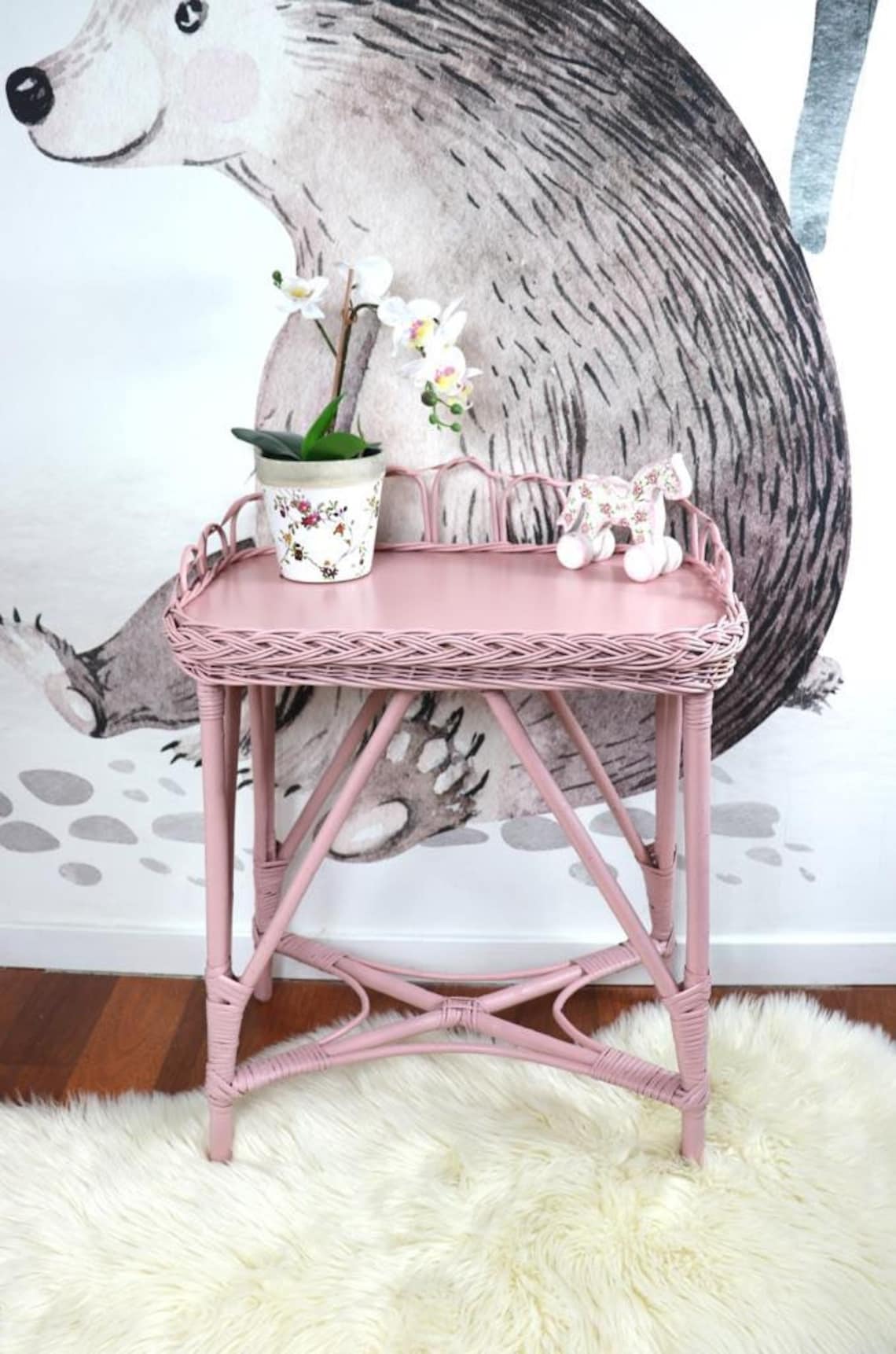 Pink Vanity Table With Stool for Kids Natural Wicker Handmade Etsy