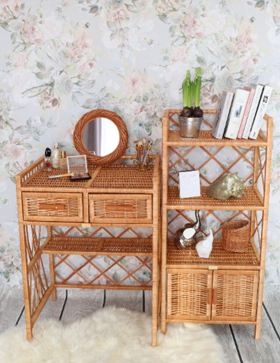 Wicker Children's Bookshelf 3shelf Storage Toddler Etsy