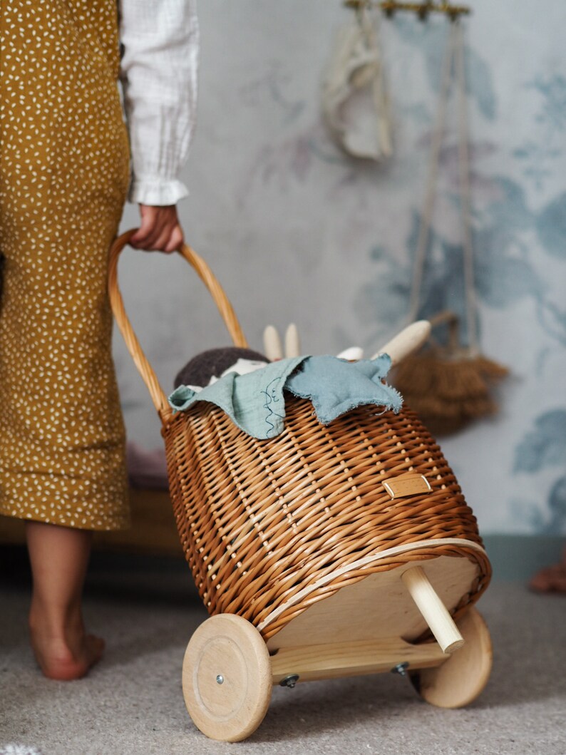 Wicker kids Easter basket on wheels shopping trolley small Etsy