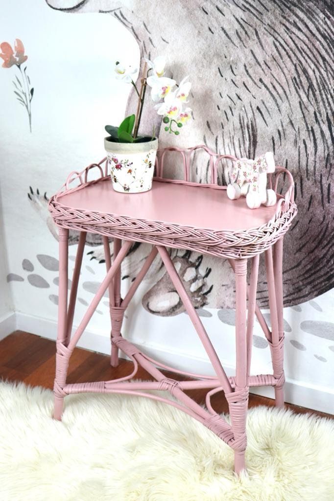 Pink Vanity Table With Stool for Kids Natural Wicker Handmade Etsy