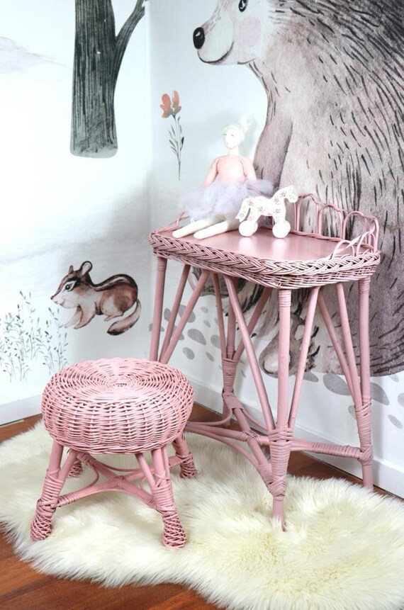 Pink Vanity Table With Stool for Kids Natural Wicker Handmade Etsy