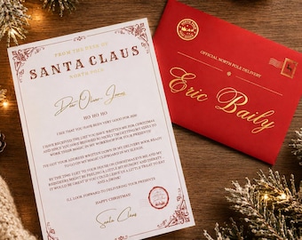 May include: A letter from Santa Claus with red decorative borders and printed text addressed to Oliver-James, accompanied by a matching red envelope featuring gold foil lettering that reads Eric Baily and an official North Pole postmark stamp.
