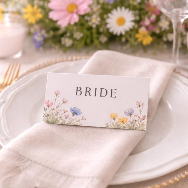 Tarjetas de mesa para bodas con flores silvestres, tarjetas de nombres para bodas, nombres de mesas para bodas, tarjetas de nombres florales
