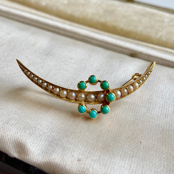 Victorian Turquoise & Pearl Open Crescent Brooch