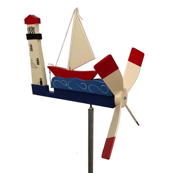 Sailboat & Lighthouse Whirligig Handmade Wood Wind Spinner Made in USA