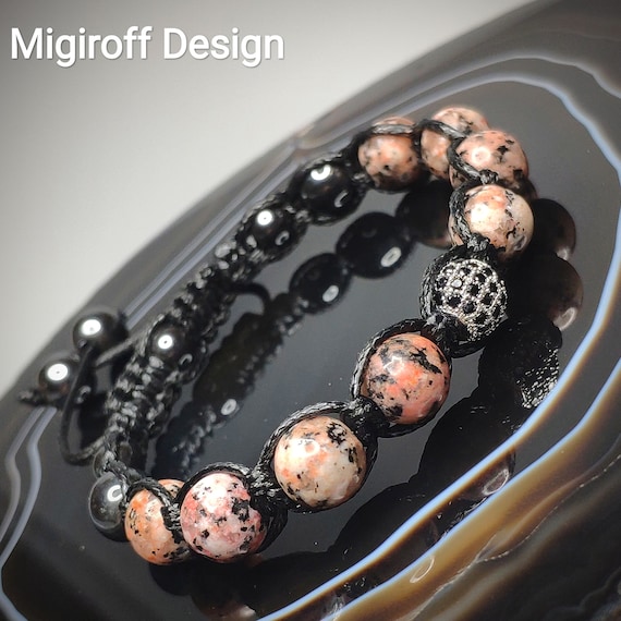 Natural Stone Rhodonite, Yoga Bracelet, Shamballa Bracelet