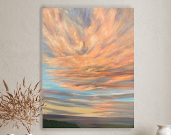 Pink sky vertical original painting, 20x28" sunset clouds oil art by MatoPainting