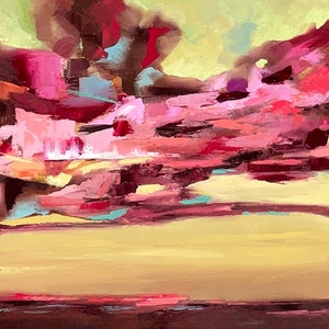 Bright sunset original painting, winter sky narrow wall art canvas 17in by 34in by MatoPainting