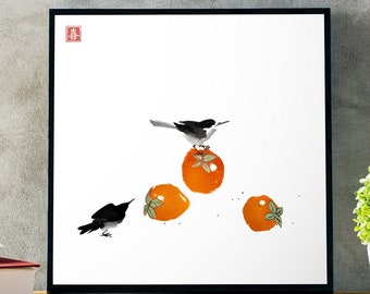 Japanese ink wash painting sumi-e. Two little birds sitting on big persimmon fruits. Digital download.