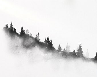 Misty mountain slope with pine trees. Traditional Japanese ink wash painting sumi-e, digital download.
