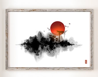 Japanese ink wash painting sumi-e. Landscape with sunrise over the trees and torii gates. Digital download. Wall art, minimalism.