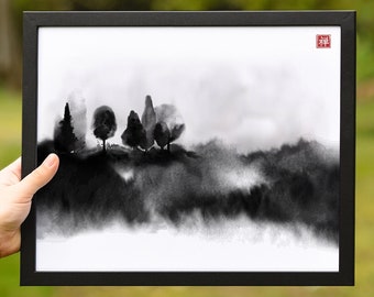 Japanese watercolor painting sumi-e. Landscape with misty forest trees. Zen art, digital download.