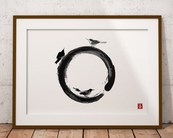Japanese zen painting sumi-e. Enso zen circle and three little birds. Digital download. Wall art, zen art, minimalism.